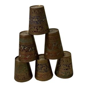 Vintage Minimalistic Brass Etched Hand Painted Indian Decorative Cups, Set‎ Of 6